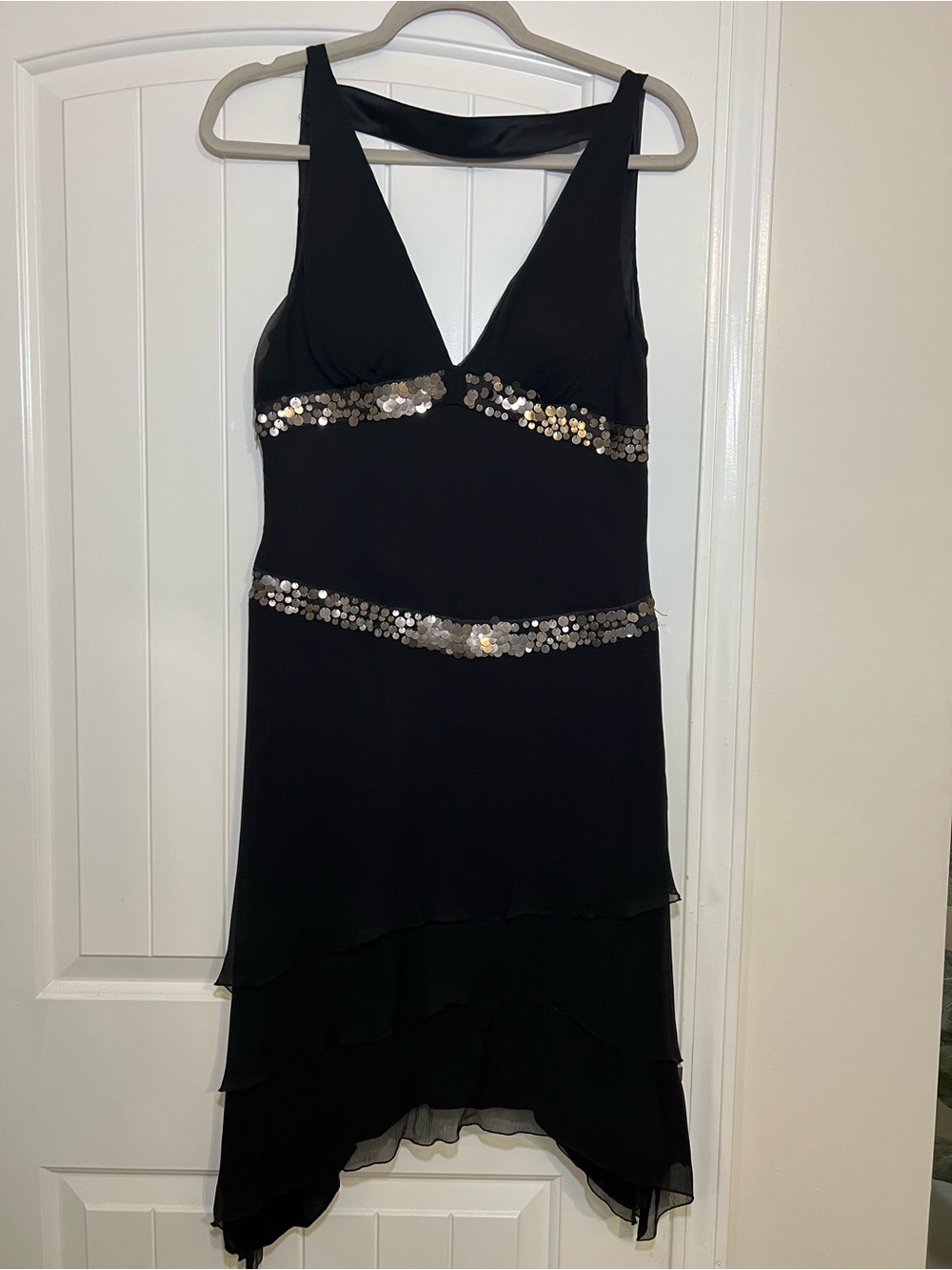 bebe Y2K Black Sequin Handkerchief Hem Dress Size Large